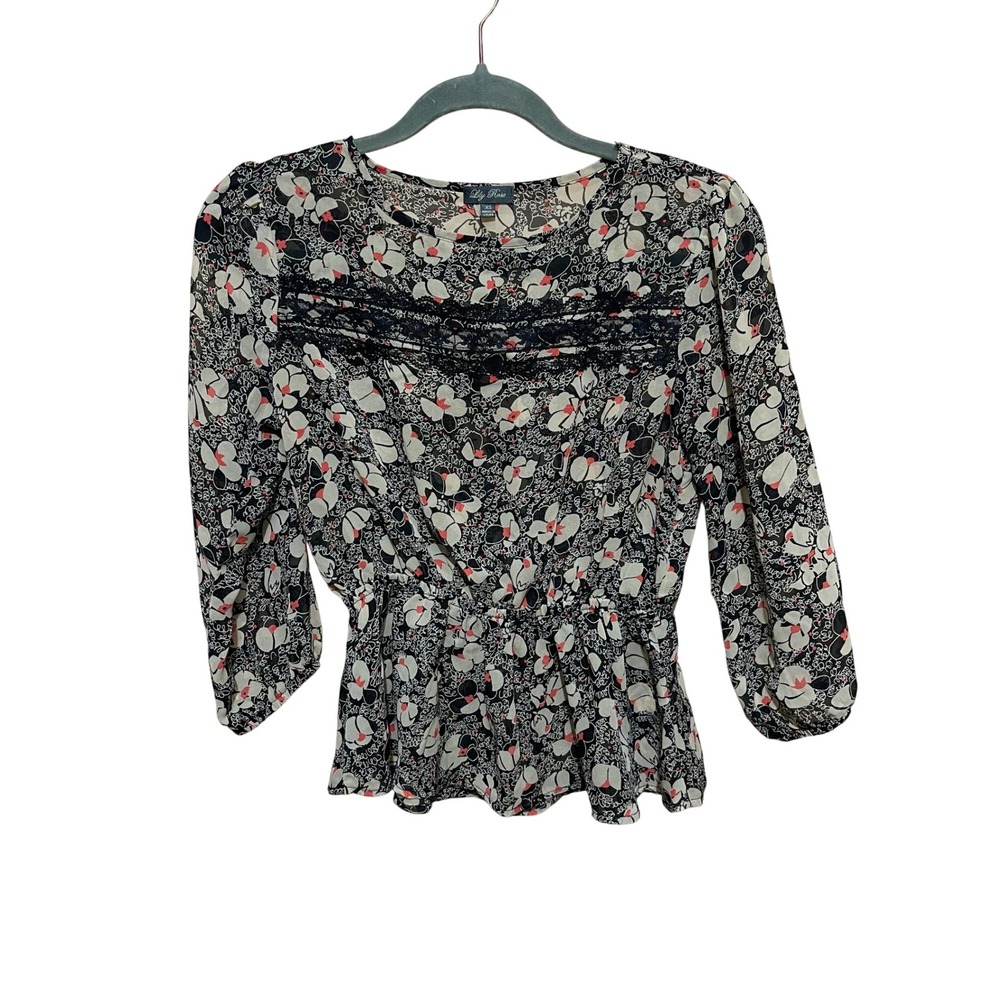 Lily Rose Floral Lace Peplum Blouse Womens XS 3/4 Sleeve Top - Picture 2 of 8